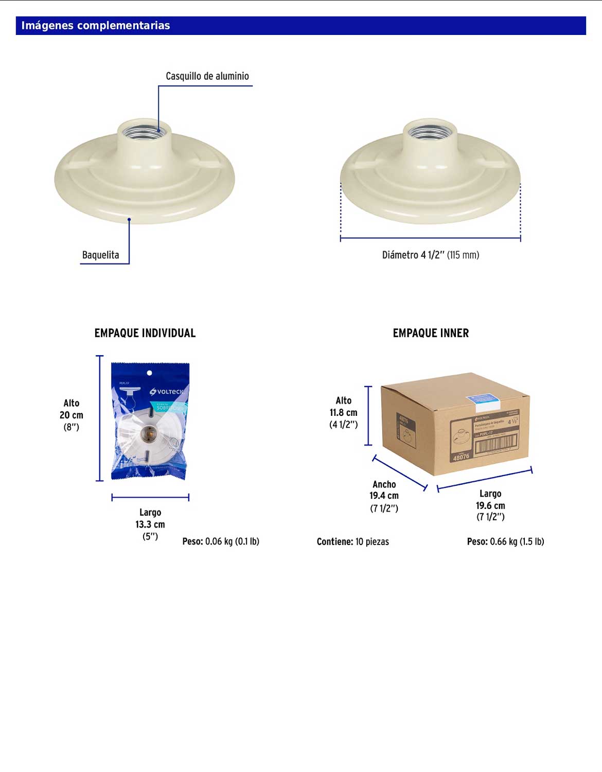 Portalámpara de baquelita de 4-1/2 in con casquillo de aluminio y base redonda
