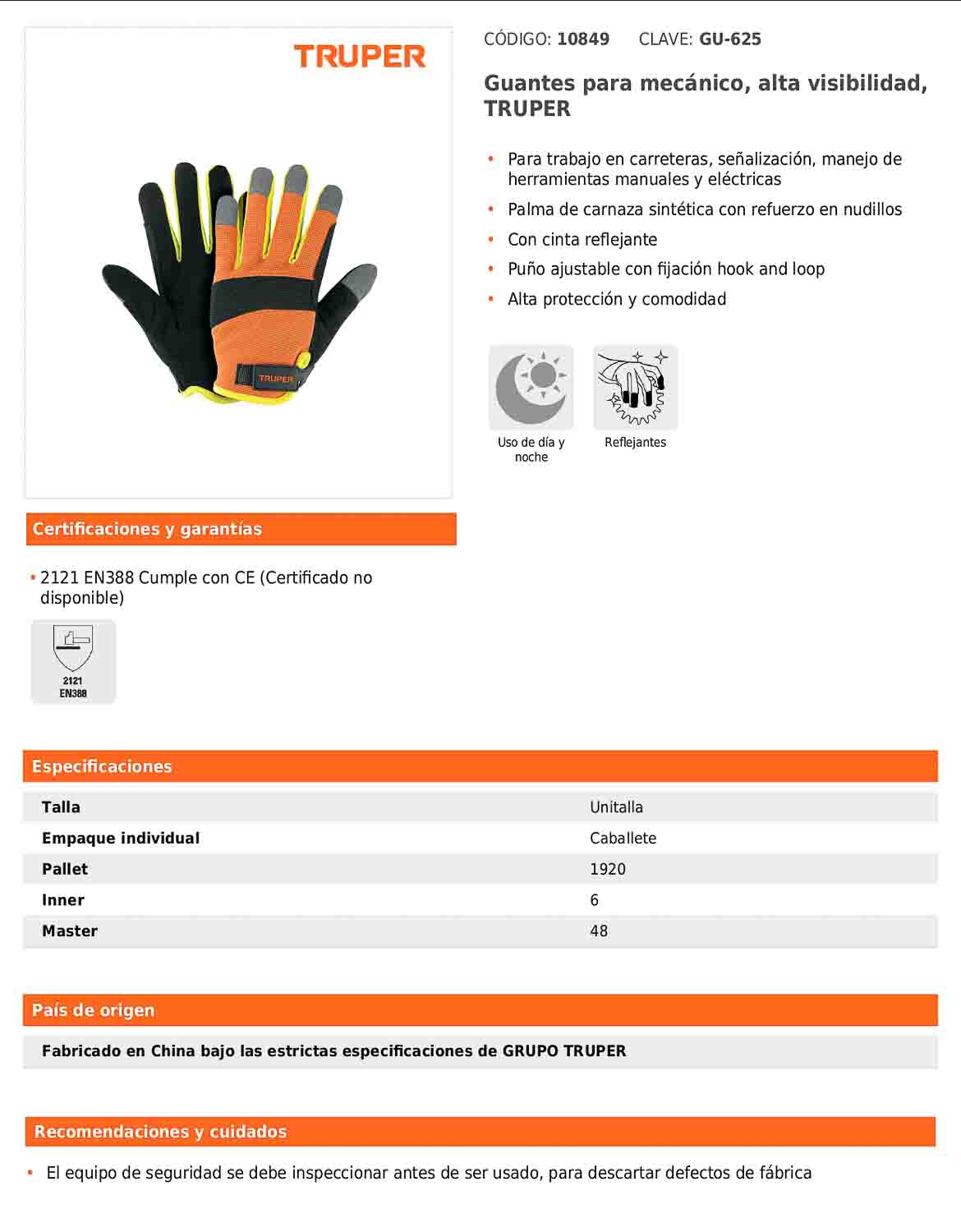 Guantes para mecánico de alta visibilidad unitalla