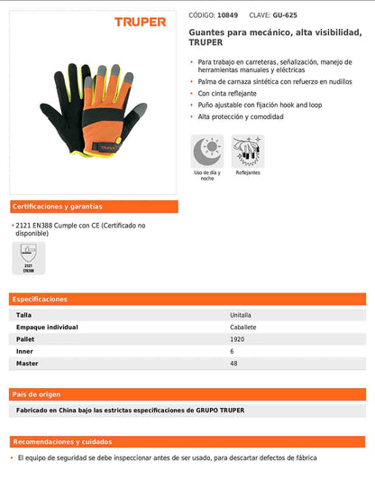 Guantes para mecánico de alta visibilidad unitalla