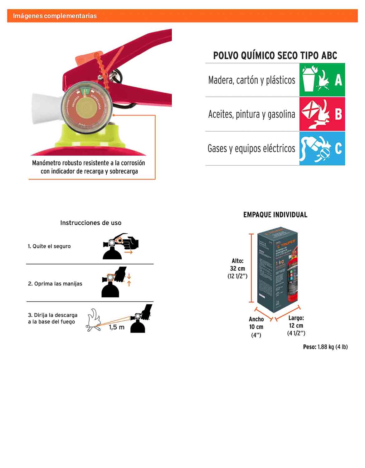 Extintor portátil recargable 1 kg polvo