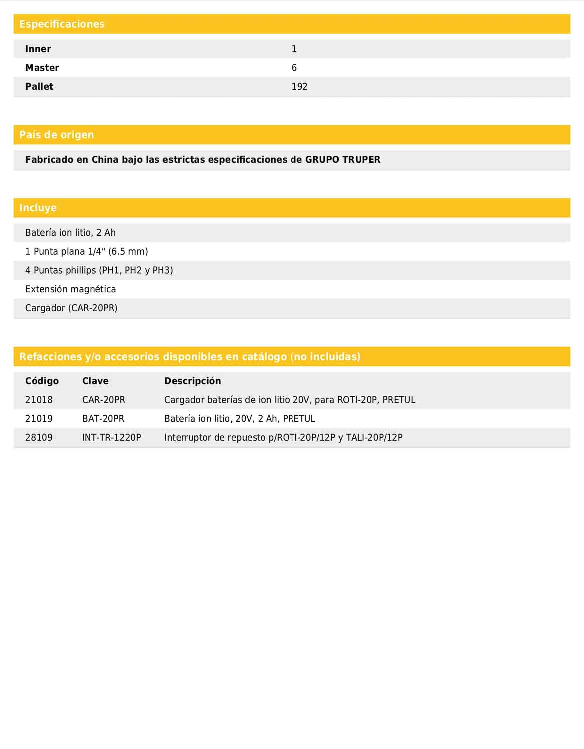 Taladro inalámbrico de 1/2 in con batería 20 V y dos velocidades