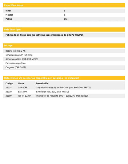 Taladro inalámbrico de 1/2 in con batería 20 V y dos velocidades