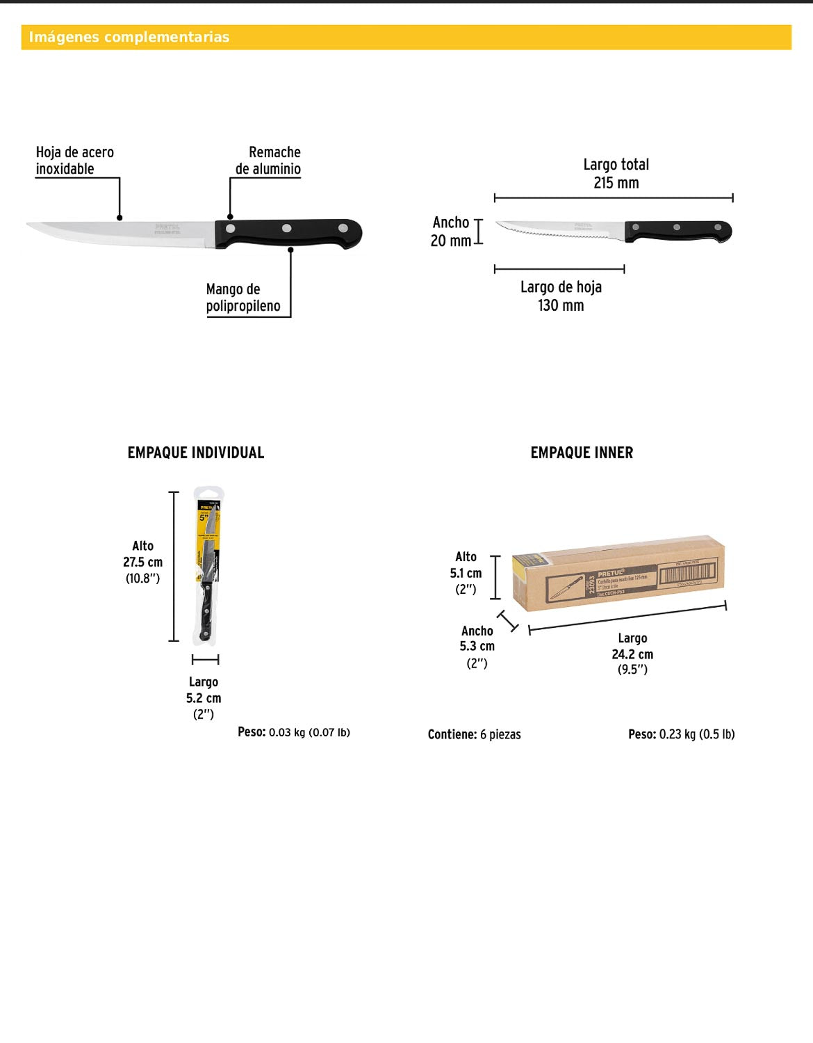 Cuchillo liso para asado de 5 pulgadas con mango de polipropileno