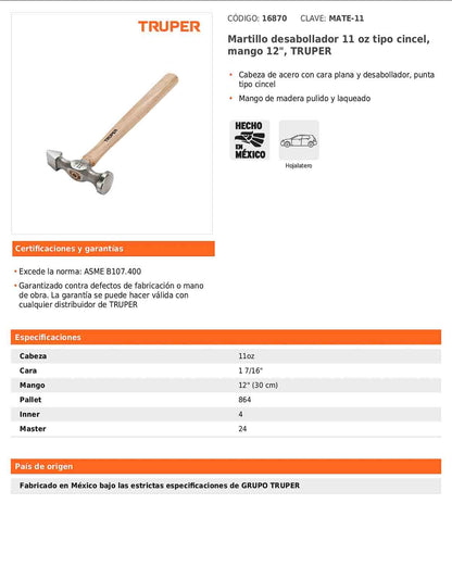Martillo desabollador de 11 oz tipo cincel con mango de 12"