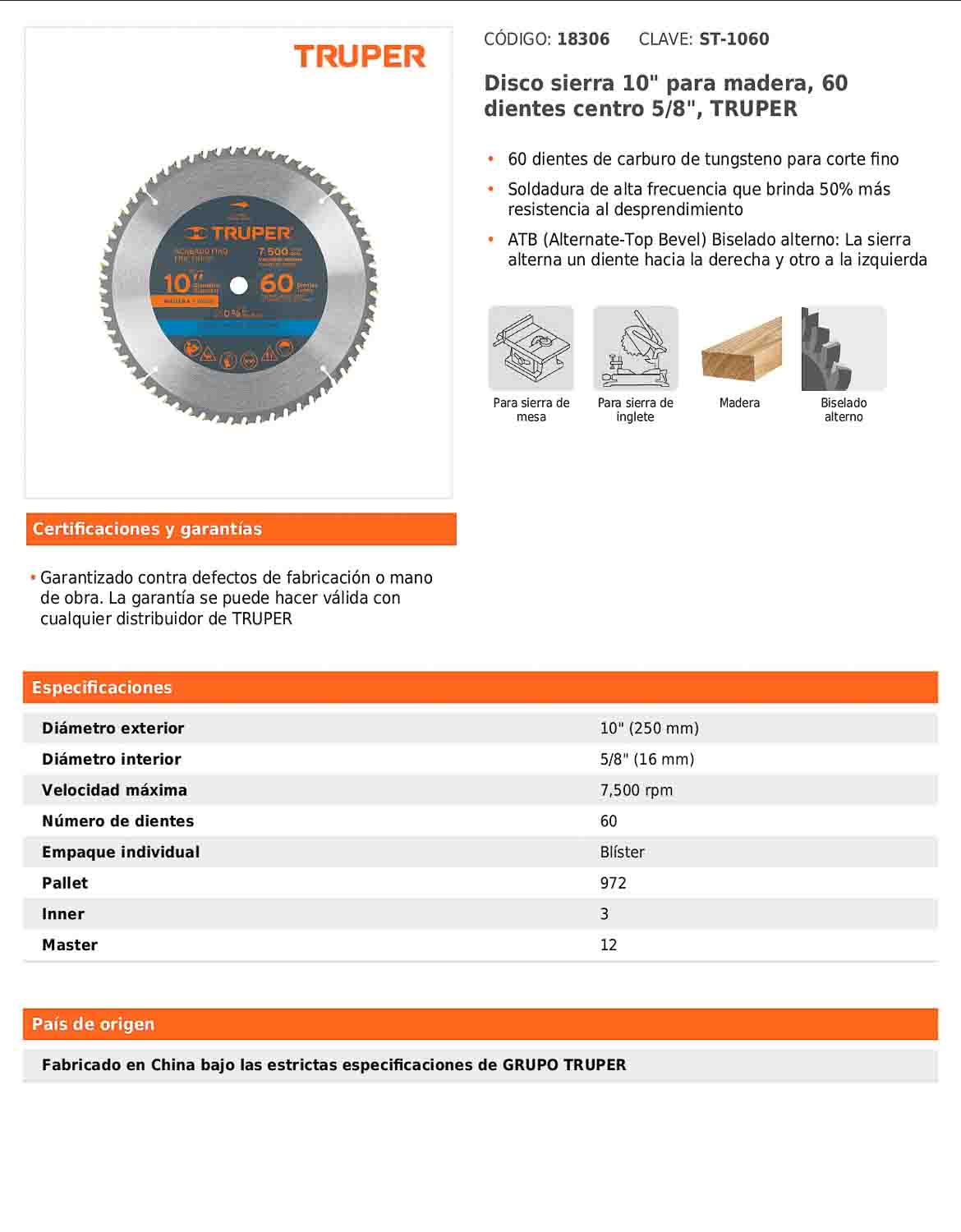 Disco de sierra de 10 pulgadas con 60 dientes de carburo y centro de 5/8 pulgadas