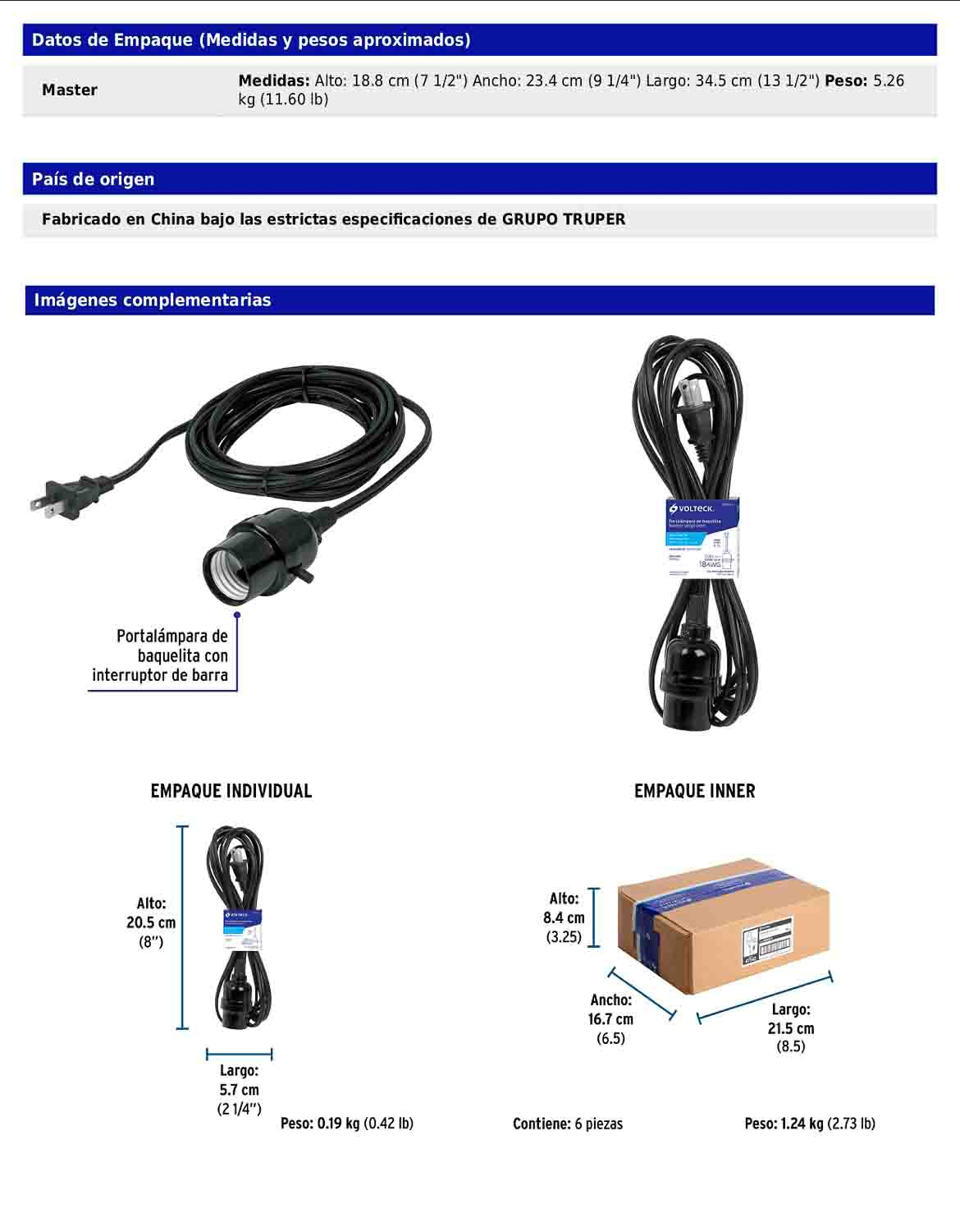 Portalámparas con cable de 4 m con interruptor de barra y clavija polarizada