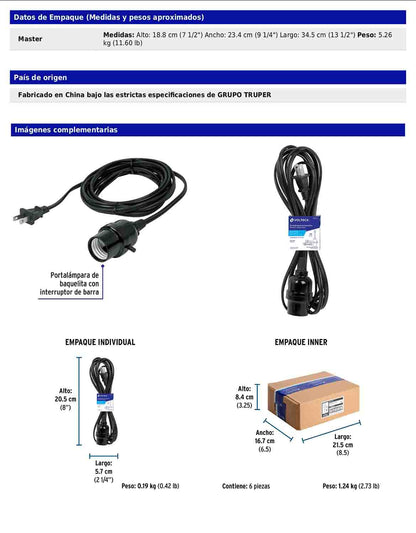 Portalámparas con cable de 4 m con interruptor de barra y clavija polarizada