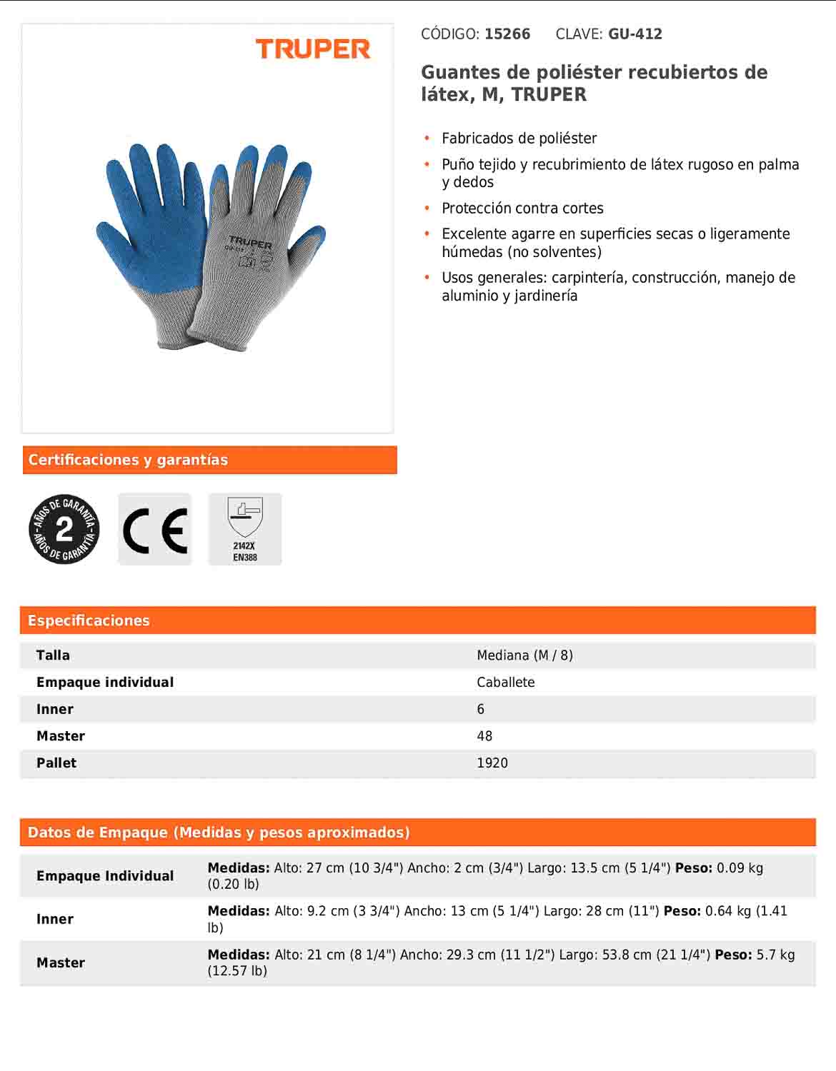 Guantes de poliéster recubiertos de látex mediano