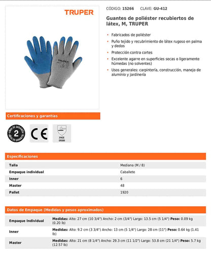 Guantes de poliéster recubiertos de látex mediano