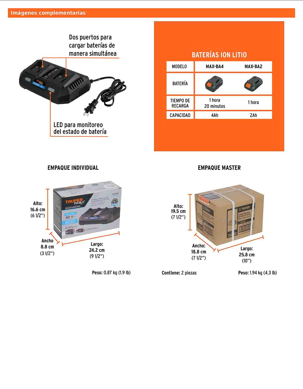 Cargador dual de baterías de ion litio de 20 V