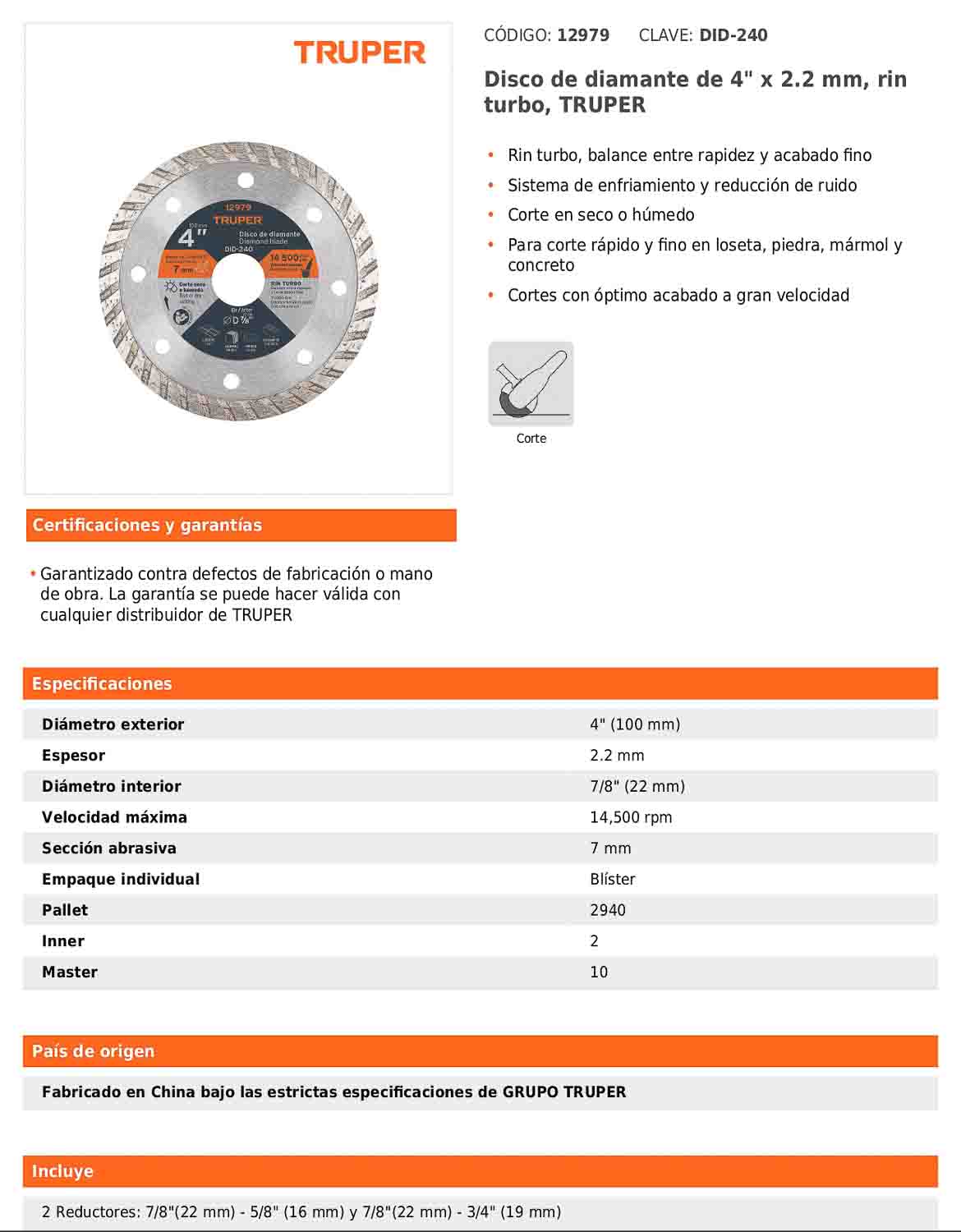Disco de diamante de 4 pulgadas y 2.2 mm con rin turbo