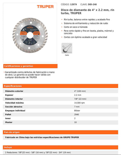 Disco de diamante de 4 pulgadas y 2.2 mm con rin turbo