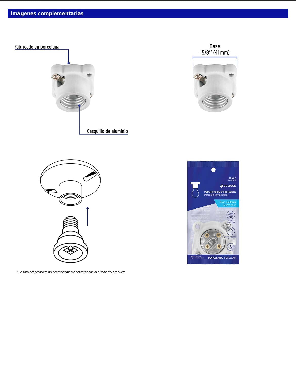 Portalámpara de porcelana cuadrado con casquillo de aluminio y base atornillable