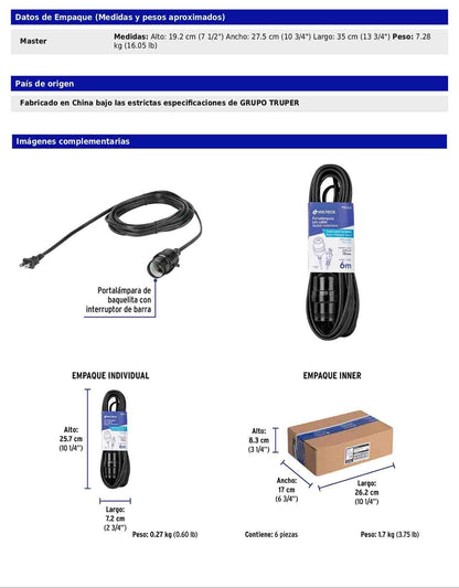 Portalámparas con cable de 6 m con interruptor de barra y clavija polarizada