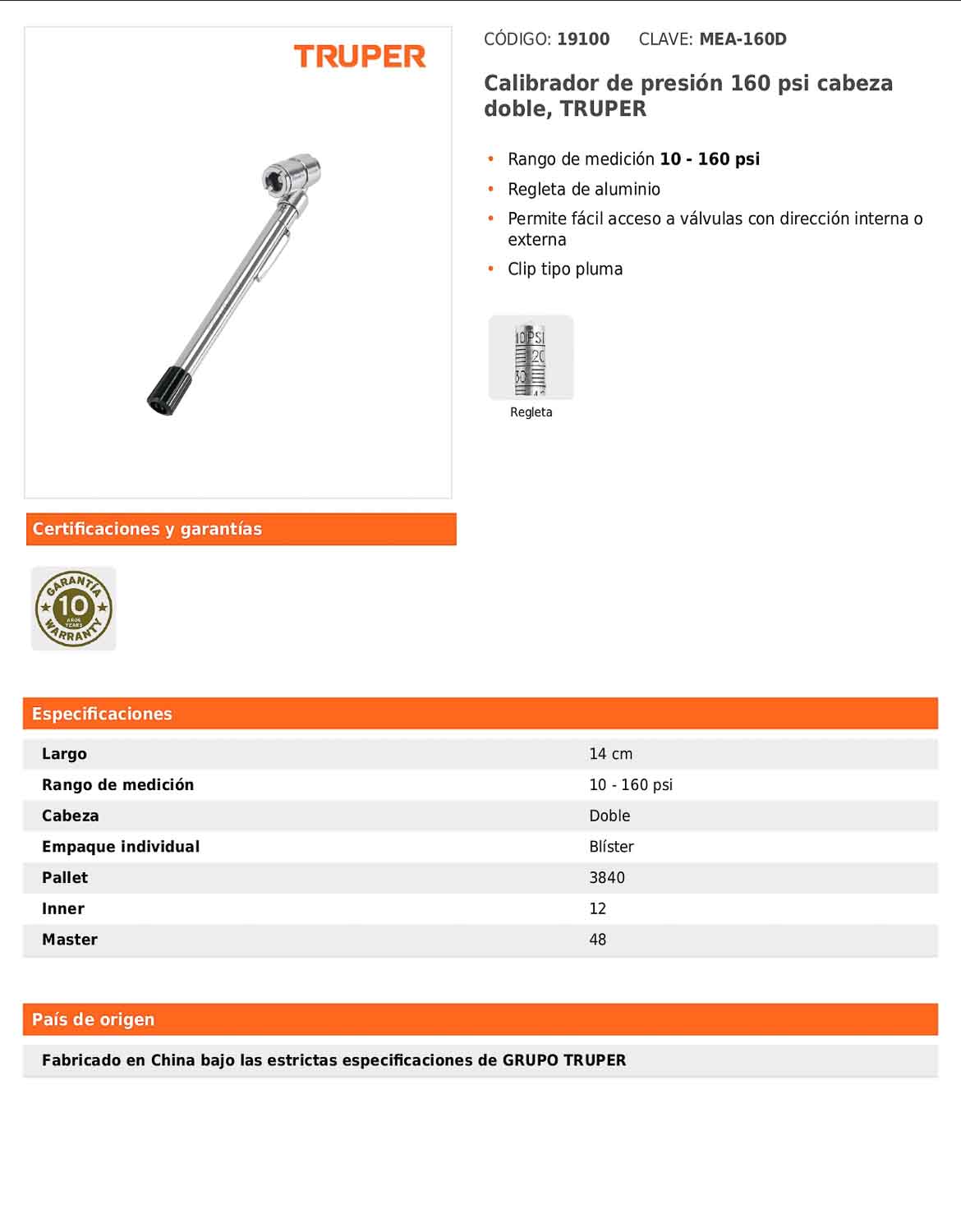Calibrador de presión para llantas de 160 PSI con cabeza doble y clip