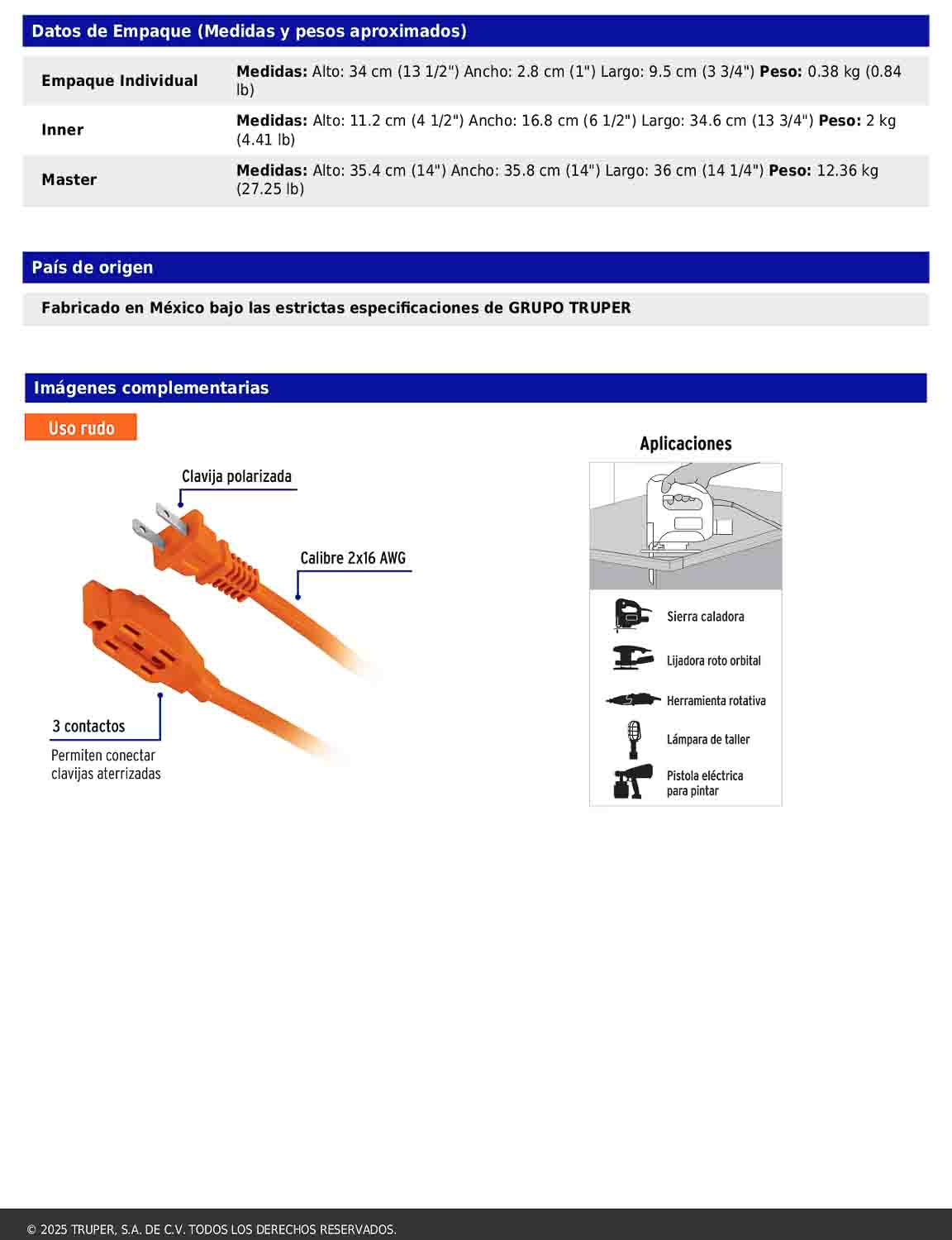 Extensión eléctrica de uso rudo de 4 m con calibre 2x16 AWG