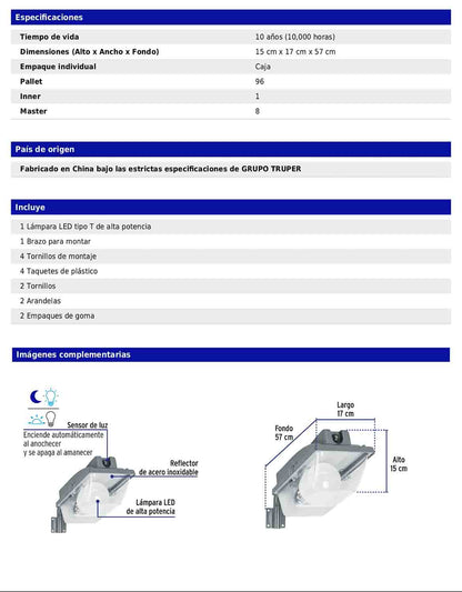 Luminario suburbano de ABS con foco LED de 30 W y sensor de luz