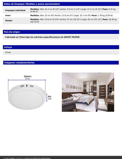 Luminario LED plafón de 18 W con luz de día redondo