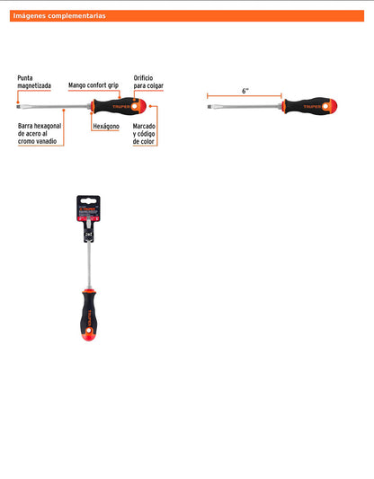 Desarmador plano de 1/4 con barra de 15.24 cm y mango Comfort Grip