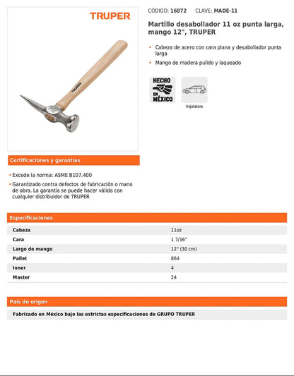 Martillo desabollador de 11 oz con punta larga y mango de 12"