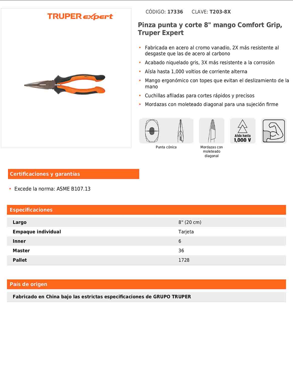 Pinza punta y corte 8" con mango Comfort Grip