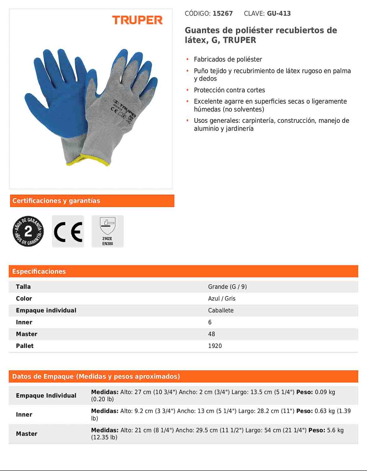 Guantes de poliéster recubiertos de látex grande