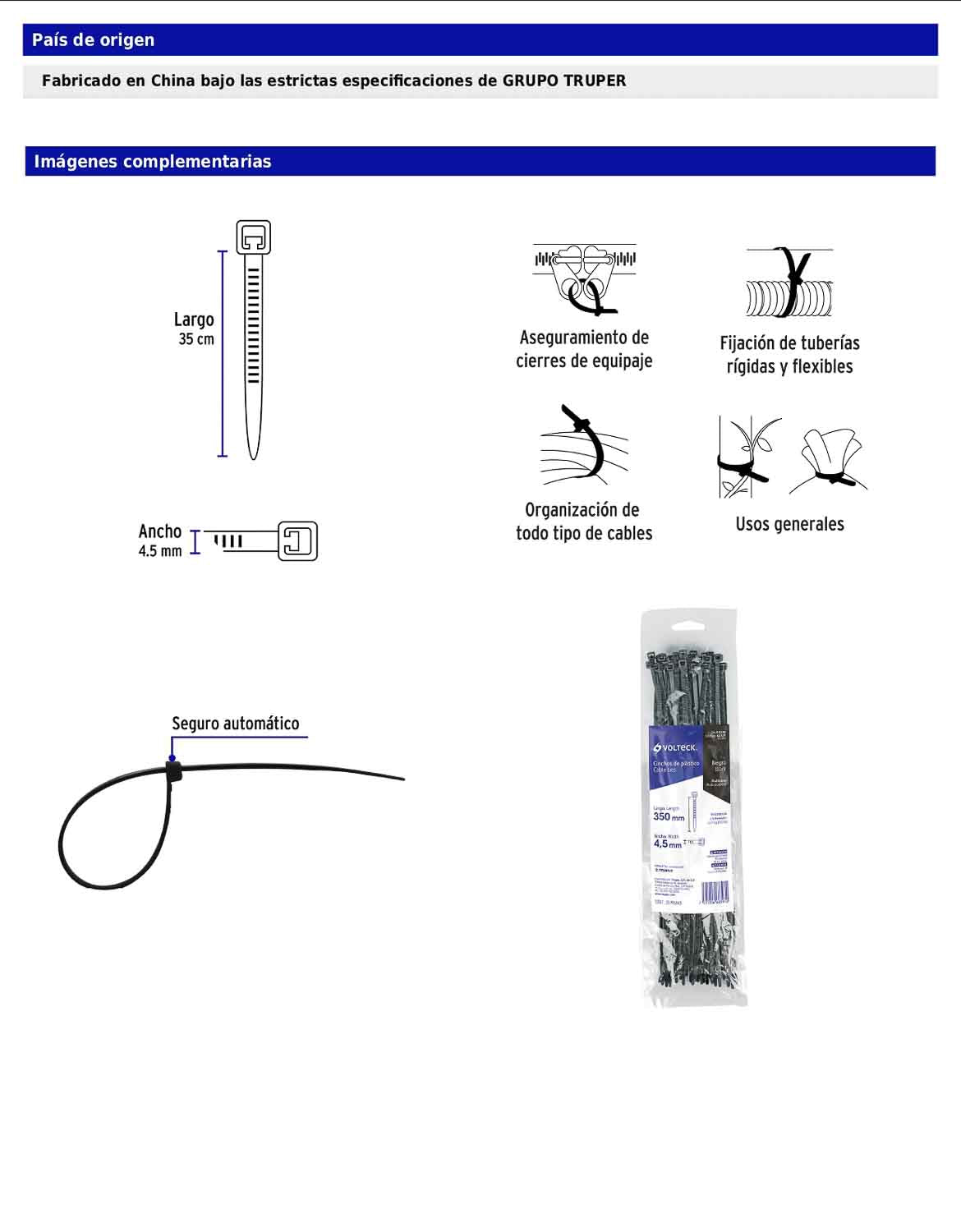 Bolsa con 25 cinchos plásticos de 50 lb de 35 cm de largo y 4.5 mm de ancho en color negro