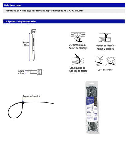 Bolsa con 25 cinchos plásticos de 50 lb de 35 cm de largo y 4.5 mm de ancho en color negro