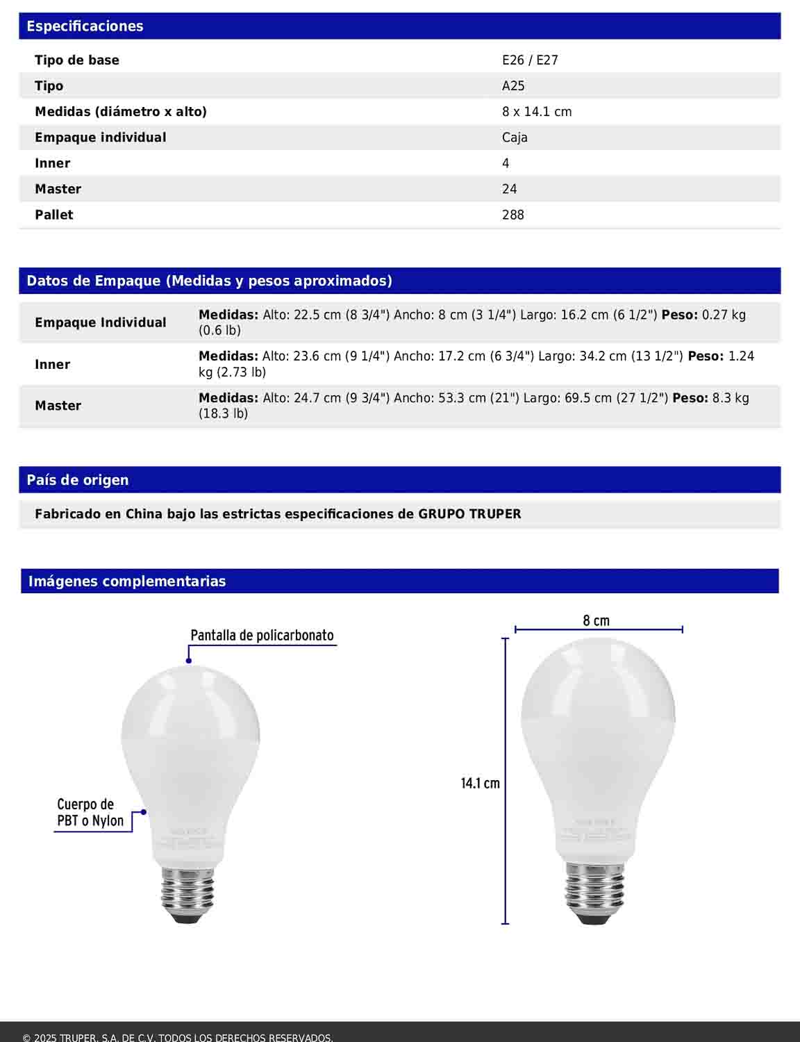 Pack de 4 focos LED 18W A25 6500K blanca fría 1900 lm