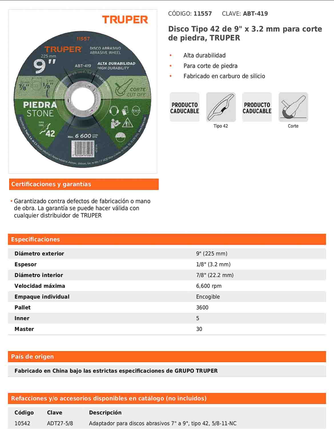 Disco de corte para piedra de 9 pulgadas con espesor de 3.2 mm