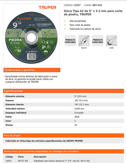 Disco de corte para piedra de 9 pulgadas con espesor de 3.2 mm