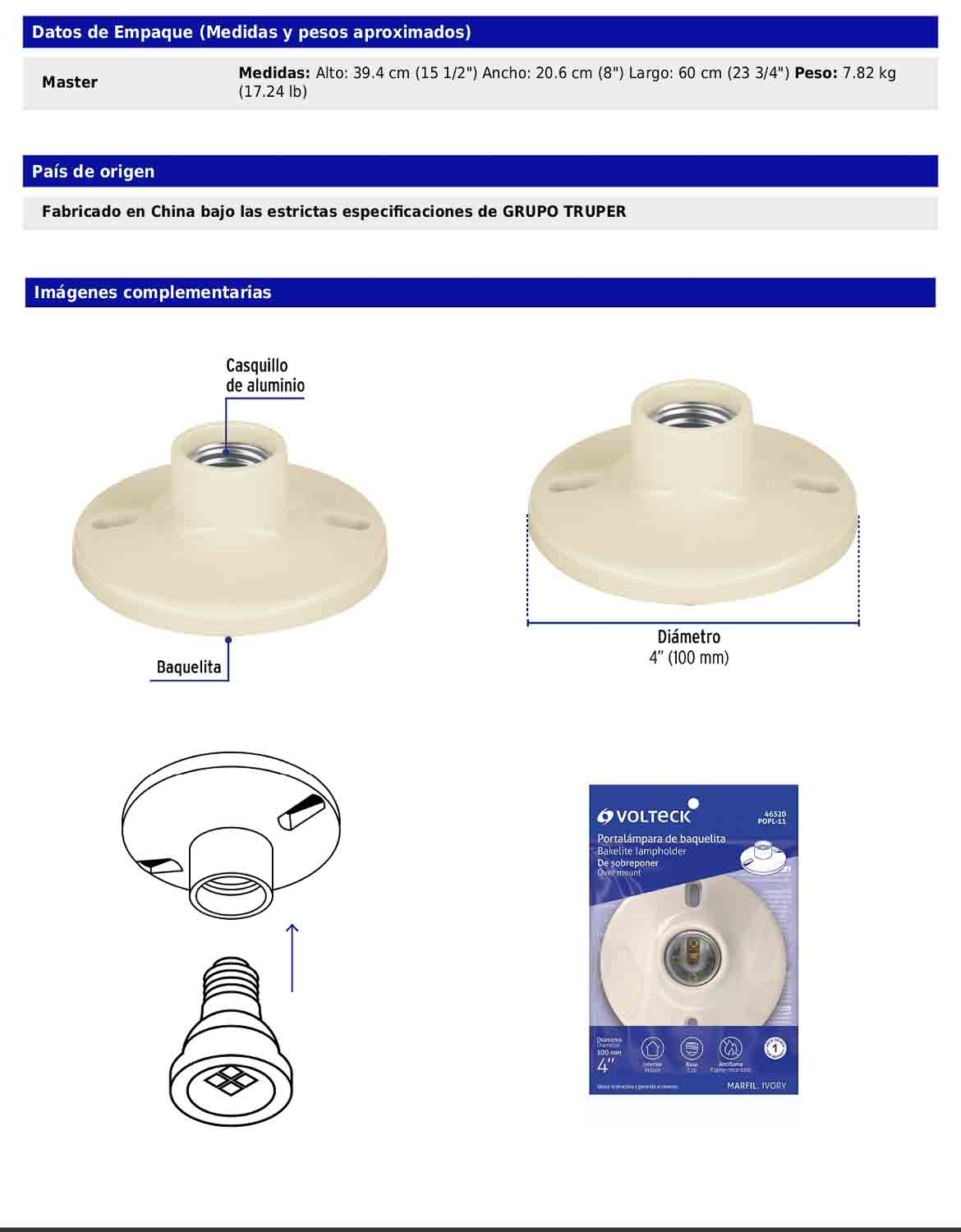 Portalámpara de baquelita de 4 in con casquillo de aluminio y base redonda
