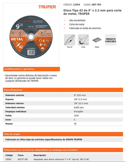 Disco de corte para metal de 9 pulgadas con espesor de 3.2 mm
