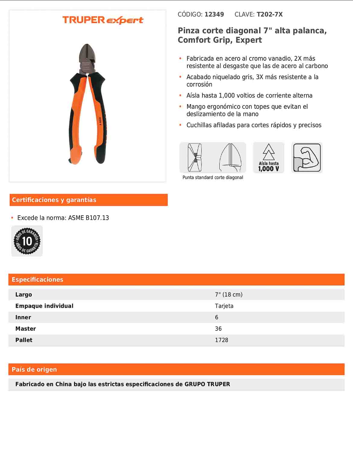 Pinza corte diagonal 7" alta palanca con mango Comfort Grip