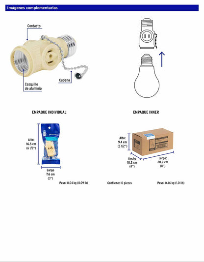 Portalámpara de baquelita con interruptor de cadena y casquillo de aluminio