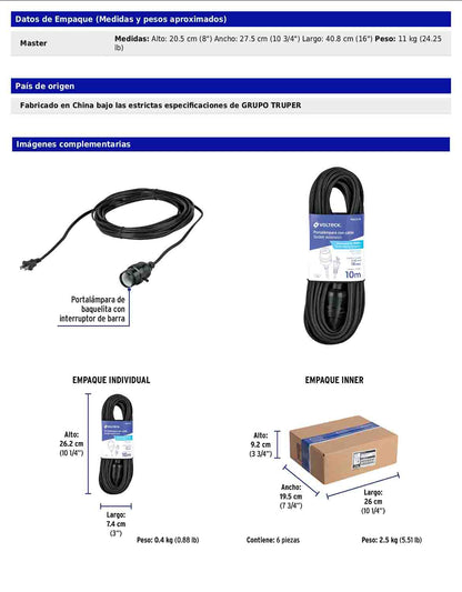 Portalámparas con cable de 10 m con interruptor de barra y clavija polarizada