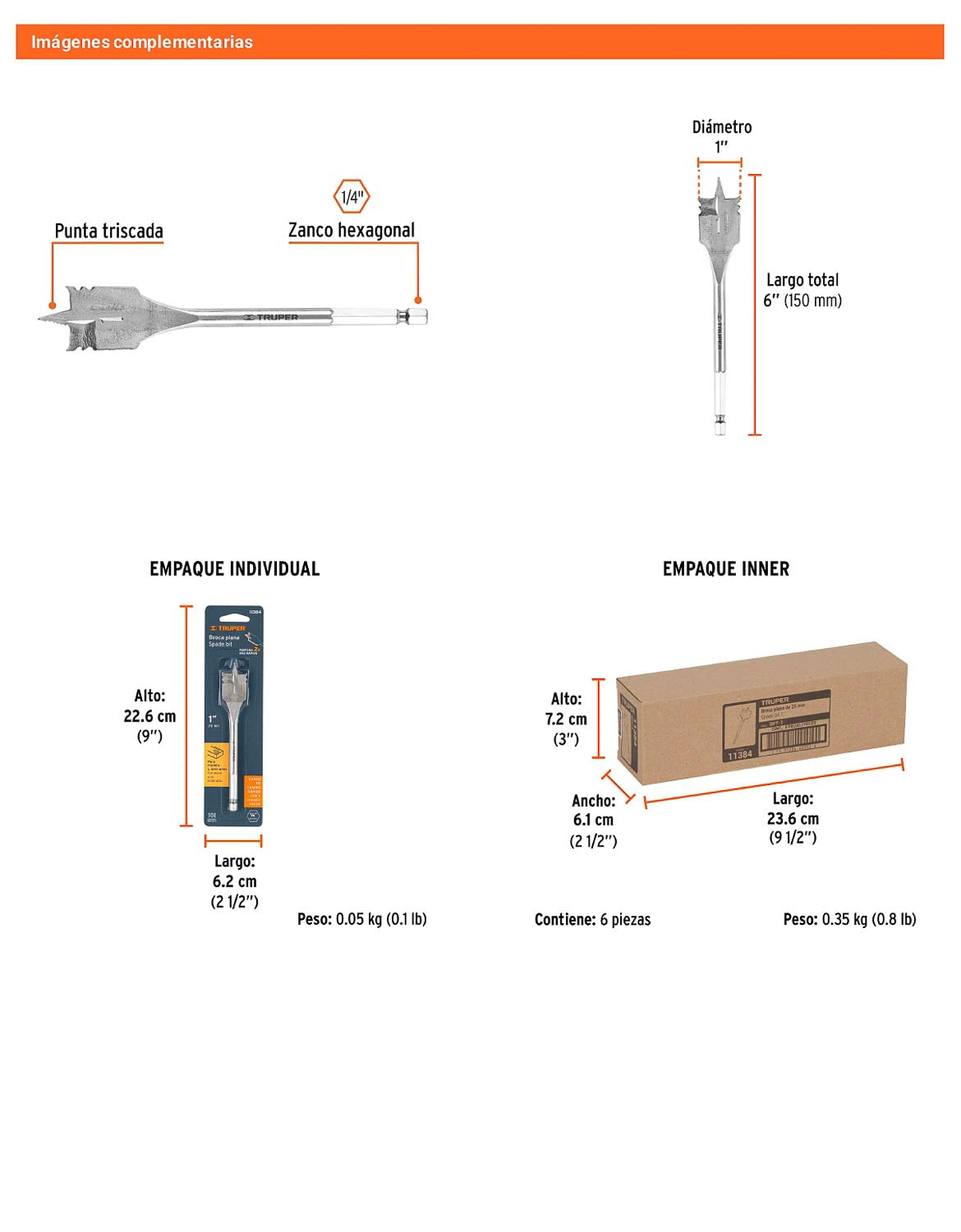 Broca plana de manita 1" para madera