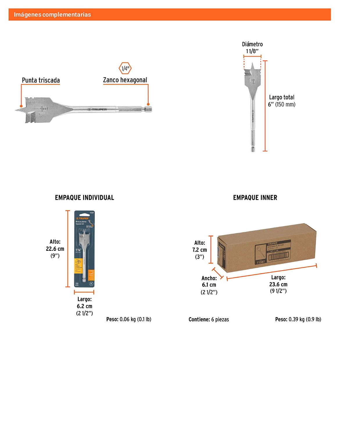 Broca plana de manita 1-1/8" para madera