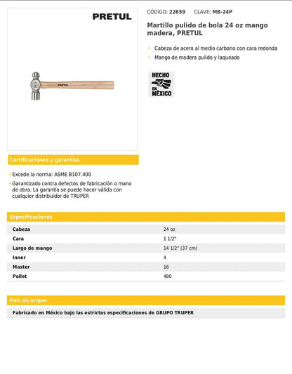 Martillo de bola pulido de 24 oz con mango de madera