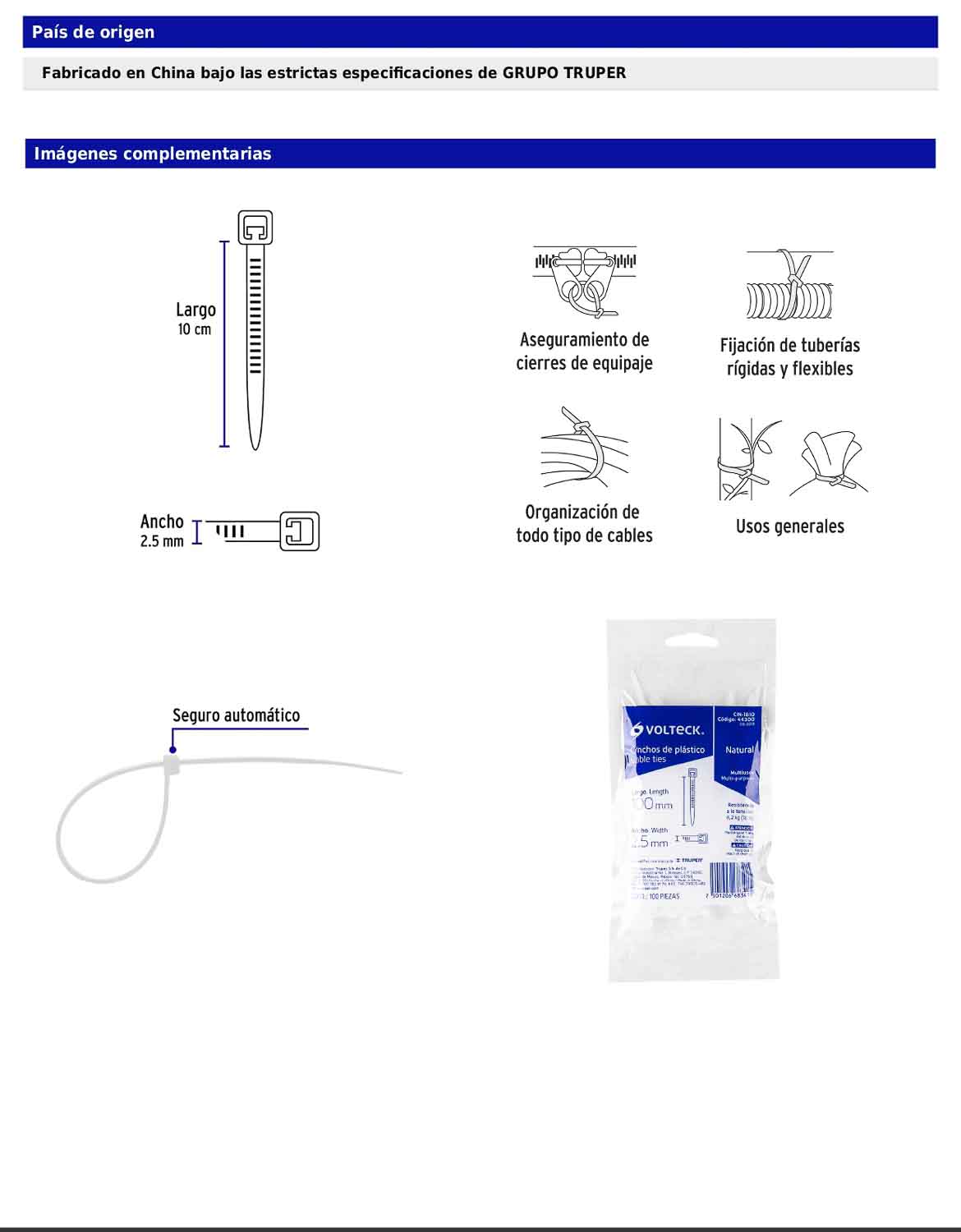 Bolsa con 100 cinchos plásticos 18 lb 100 x 2.5 mm natural
