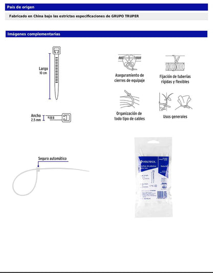 Bolsa con 100 cinchos plásticos 18 lb 100 x 2.5 mm natural