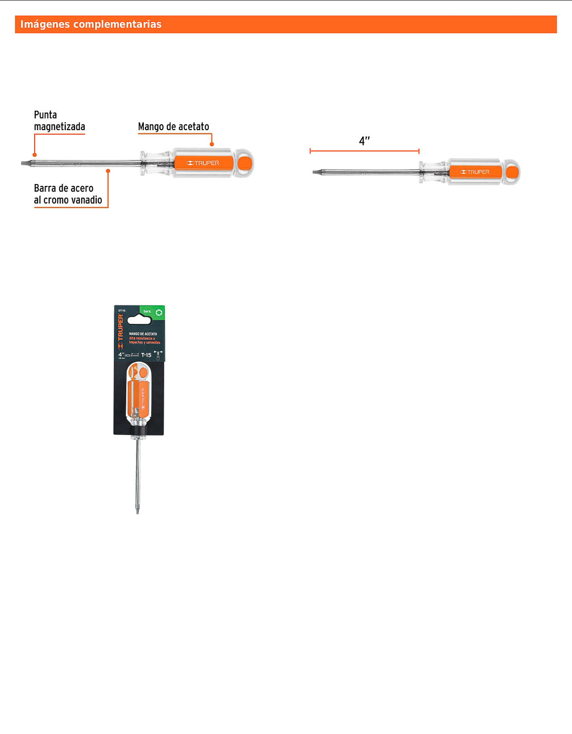 Desarmador Torx T-15 con barra de 10.16 cm y mango de acetato
