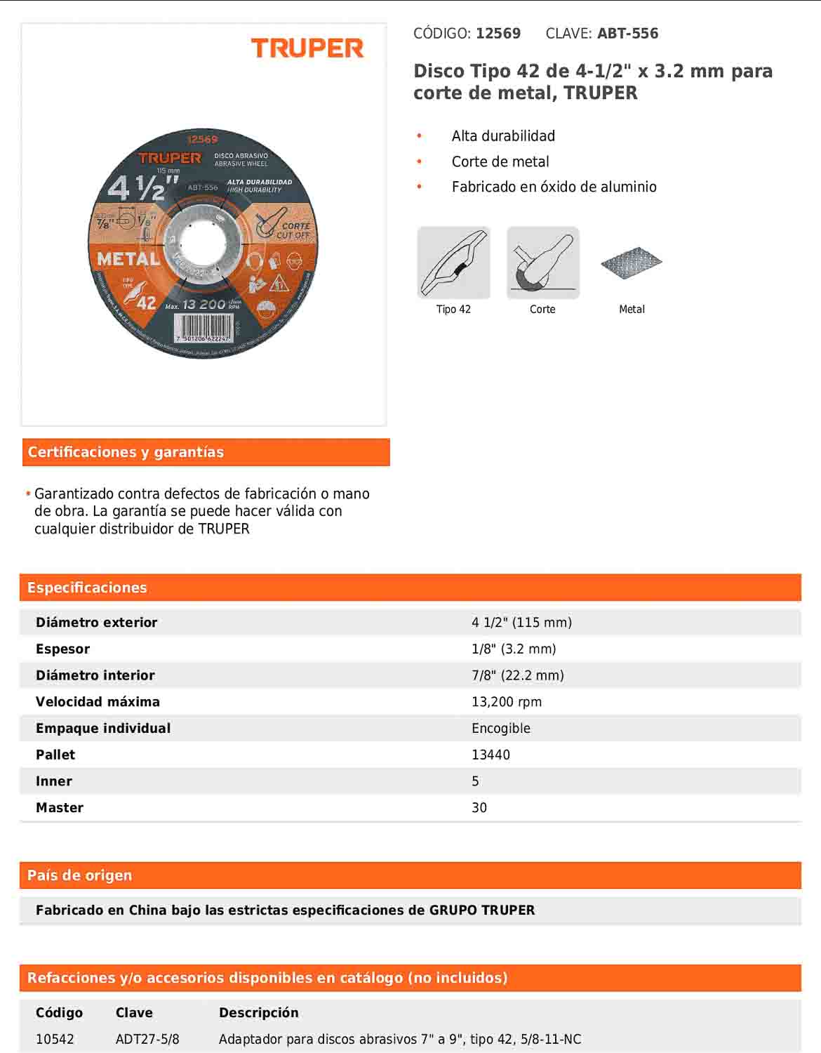 Disco de corte para metal de 4 1/2 pulgadas con espesor de 3.2 mm