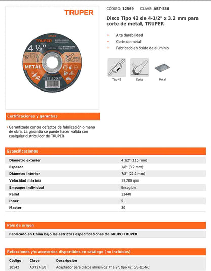 Disco de corte para metal de 4 1/2 pulgadas con espesor de 3.2 mm
