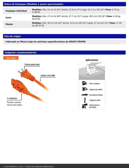 Extensión eléctrica de uso rudo de 8 m con calibre 2x16 AWG