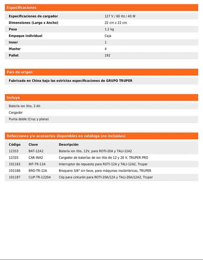 Rotomartillo inalámbrico de 3/8 in con batería 12 V y dos velocidades