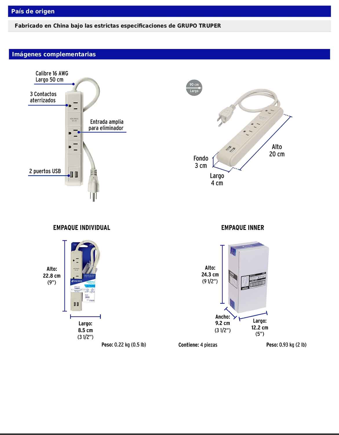 Regleta multicontacto de 3 entradas con 2 puertos USB y supresor de 300 joules