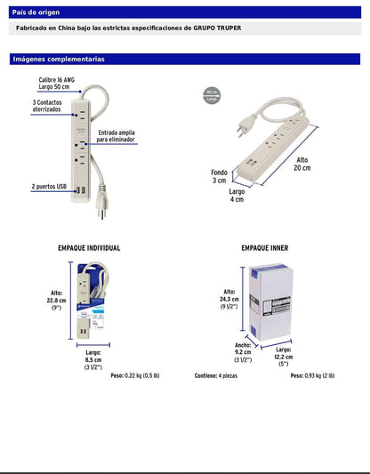 Regleta multicontacto de 3 entradas con 2 puertos USB y supresor de 300 joules