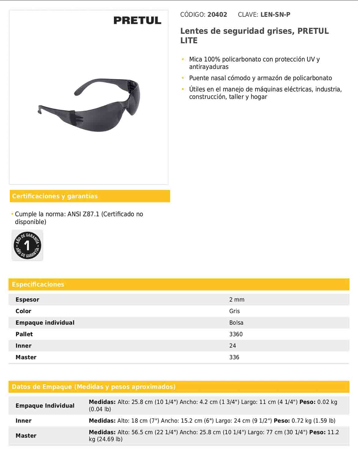 Lentes de seguridad grises PRETUL LITE (LEN-SN-P)
