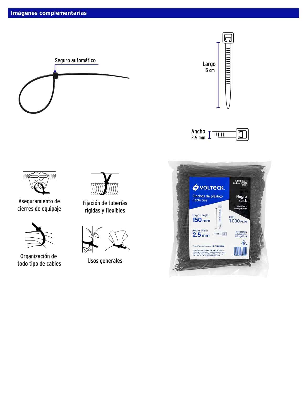 Bolsa con 1000 cinchos plásticos 18 lb de 150 x 2.5 mm negro